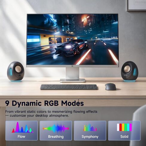 BESTISAN Computer Speakers, 20W Peak Power Bluetooth 5.4, USB & USB-C Powered PC Speakers with 9 RGB Light Modes, Gaming Desktop Speakers, Plug & Play Stereo & Enhanced Bass for Laptop Desktop Monitor in Kuwait