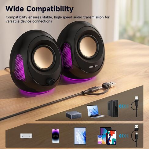 BESTISAN Computer Speakers, 20W Peak Power Bluetooth 5.4, USB & USB-C Powered PC Speakers with 9 RGB Light Modes, Gaming Desktop Speakers, Plug & Play Stereo & Enhanced Bass for Laptop Desktop Monitor in Kuwait