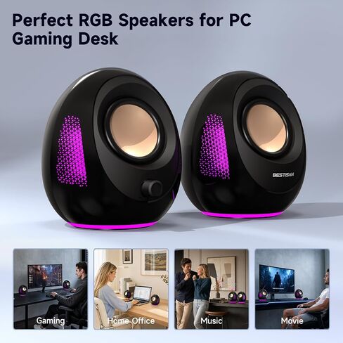 BESTISAN Computer Speakers, 20W Peak Power Bluetooth 5.4, USB & USB-C Powered PC Speakers with 9 RGB Light Modes, Gaming Desktop Speakers, Plug & Play Stereo & Enhanced Bass for Laptop Desktop Monitor in Kuwait