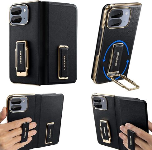 for Google Pixel 10 Pro Fold Leather Phone Case with Grip Ring Finger Strap,360°Rotating Stand Built-in Screen Cases,Full Body Protector Anti-Scratch Shockproof Wristband Flip Cover(Onyx) in Kuwait