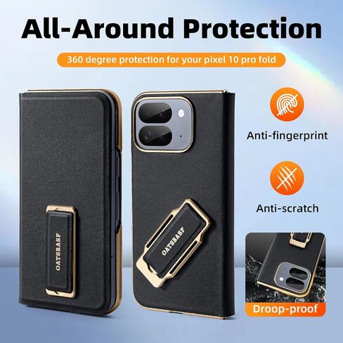 for Google Pixel 10 Pro Fold Leather Phone Case with Grip Ring Finger Strap,360°Rotating Stand Built-in Screen Cases,Full Body Protector Anti-Scratch Shockproof Wristband Flip Cover(Onyx) in Kuwait