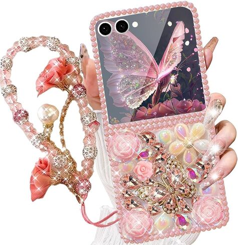 for Samsung Galaxy Z Flip 8 Bling Diamond Case with Flower Strap, 3D Handmade Luxury Sparkle Glitter Crystal Rhinestone Pearl Butterfly Love Rose Wristband Bracelet Case Cover, Pink in Kuwait