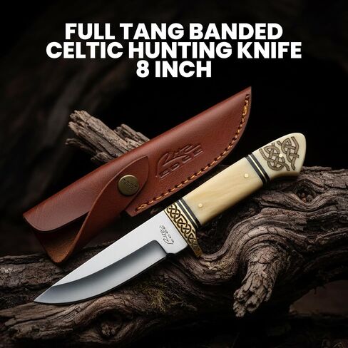 SZCO Full Tang Banded Celtic Hunting Knife 8 Inch - Camping Knife with Bone Handle, Stainless Steel Blade & Sheath - Pocket Knife for Hunting, Camping & Outdoor uses - Knives for Men in Saudi Arabia