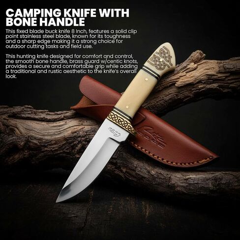 SZCO Full Tang Banded Celtic Hunting Knife 8 Inch - Camping Knife with Bone Handle, Stainless Steel Blade & Sheath - Pocket Knife for Hunting, Camping & Outdoor uses - Knives for Men in Saudi Arabia