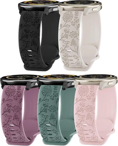 5 Pack 18mm Floral Engraved Watch Bands Compatible with Garmin Venu 4 41mm/Vivoactive 4S/Venu 2S/Venu 3S/Vivomove 3S, Soft Silicone Sport Straps for Garmin Forerunner 255S/265S Women Men in Kuwait