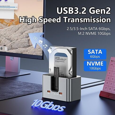 Hybrid Dual-Drive Hard Drive Docking Station, Supports 1×SATA HDD/SSD (2.5"/3.5") + 1×M.2 NVMe SSD, USB-C Tool-Free External Dock for Data Access & Backup in Saudi Arabia