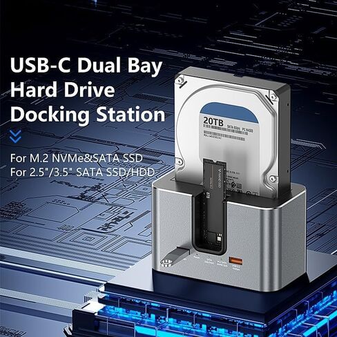 Hybrid Dual-Drive Hard Drive Docking Station, Supports 1×SATA HDD/SSD (2.5"/3.5") + 1×M.2 NVMe SSD, USB-C Tool-Free External Dock for Data Access & Backup in Saudi Arabia