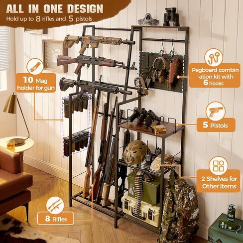 DGWJSU Gun Rack, 8 Rifle Rack Stand with Pistol Shelves, Indoor Gun Rack for Wall Mount, Floor Gun Stand with 2 Bottom Storage Shelves, Folding Gun Rack Stand for Hunting Rifle Airsoft Gun Holder in Saudi Arabia