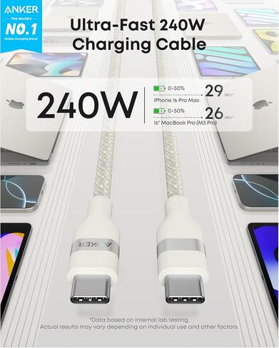 Anker Nano USB C Cable, 240W Flexible Multi-Color Braided Cord, Fast Charging Type C Charger for iPhone 17 Series, MacBook Pro and More (White, 6ft) (Pack of 2) in Saudi Arabia
