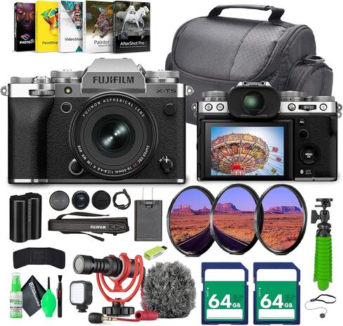 Fujifilm X-T5 Professional Compact Digital Mirrorless Camera + XF 16-50mm f/2.8-4.8 Lens Kit Bundle + 2X 64GB Memory Card+ Vlogging Tripod+ Video LED Light + Rode on Camara Microphone + More (Silver) in Saudi Arabia