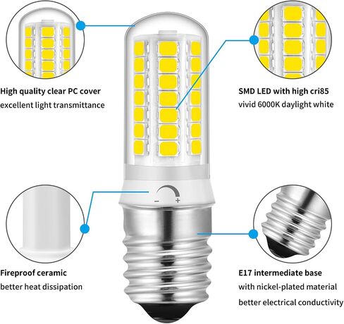 لمبة ضوء الميكروويف E17 LED، 120 فولت قابلة للتعتيم 6000 كيلو ضوء نهاري أبيض، 4 وات تحل محل الهالوجين/المتوهج 40 وات، فوق الموقد ومصباح غطاء محرك السيارة، عبوتان in Kuwait