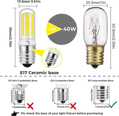 لمبة ضوء الميكروويف E17 LED، 120 فولت قابلة للتعتيم 6000 كيلو ضوء نهاري أبيض، 4 وات تحل محل الهالوجين/المتوهج 40 وات، فوق الموقد ومصباح غطاء محرك السيارة، عبوتان in Kuwait