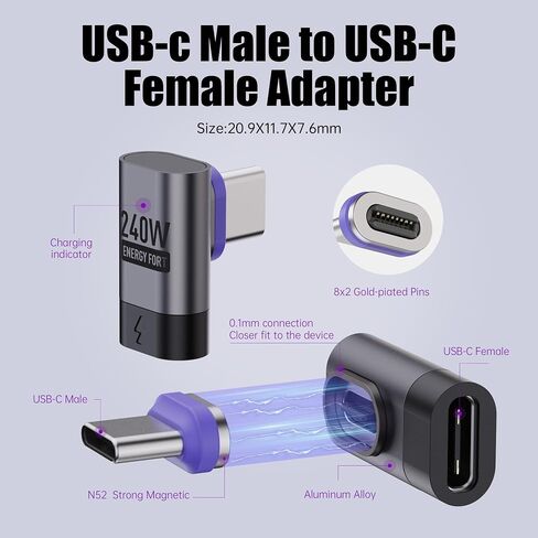 محول USB C مغناطيسي 240 وات (عبوة من قطعتين)، موسع محول USB C ذكر إلى النوع C أنثى من النوع C بسرعة 480 ميجابت في الثانية PD3.1 شحن سريع لهاتف iPhone15/Macbook/iPad Pro/Rog Ally/الكمبيوتر اللوحي (يمين) in Kuwait