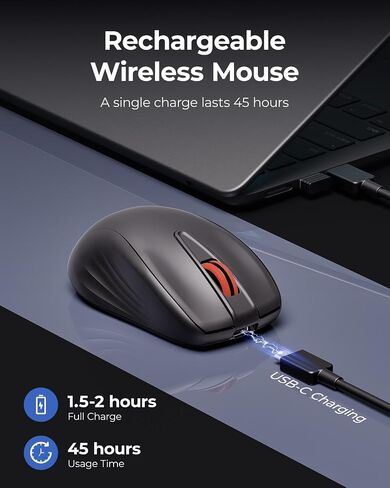 ماوس لاسلكي صامت قابل لإعادة الشحن من wegear، فأرة كمبيوتر USB 2.4G - أسود in Kuwait