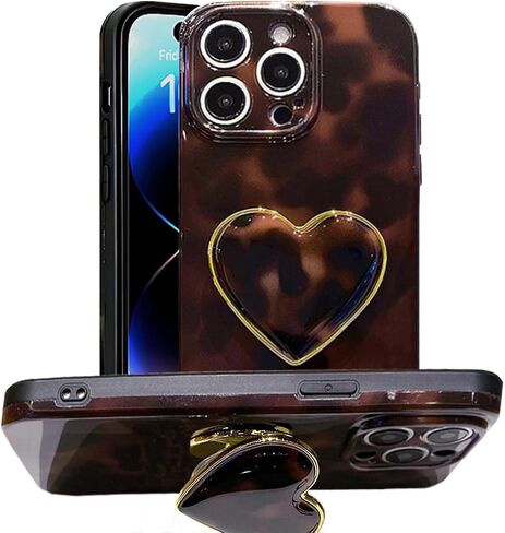 Compatible with Cute iPhone 17 Pro Max Case 6.9'', Tortoise Shell Phone Case with Brown Amber Print Leopard Heart Holder Stand Kickstand Shockproof TPU Protective Cover for Women Girls in Saudi Arabia