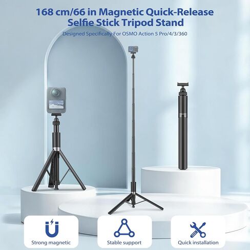 Walking Way 66"/168CM Auto-Open Selfie Stick Tripod, Invisible Selfie Stick for DJI Osmo Action 5 Pro/4/3/360, 360° Rotatable Pop-Open Camera Stand, Stable Throwpod for Travel/Vlog in Kuwait