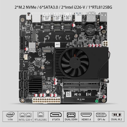 6-Bay NAS Mini-ITX Motherboard with Celeron J6413, 6X SATA3.0 6Gb/s, 2X DDR4, 2X M.2 NVMe 2280, 3X 2.5Gb LAN, 1x Console, Dual 4K Display, 6X USB in Saudi Arabia