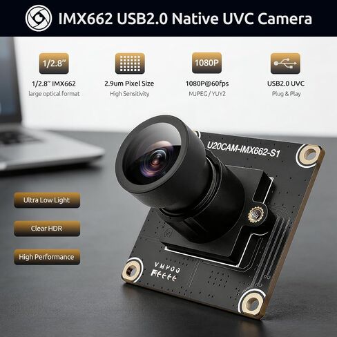USB2.0 UVC Camera STARVIS 2 IMX662 Color Low Light Sensor, 1080P@60fps Clear-HDR, 135° Wide Angle Lens, Plug&Play for PC/Raspberry PIS/Jetson Nano/SBCs, Support Windows/Linux/Android/MacOS in Saudi Arabia