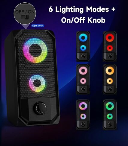 Computer Speakers for Desktop, Hi-Res Stereo Pair with Dual 5W Full-Range Drivers, 6 RGB Light Modes, USB Powered & 3.5mm AUX Input, Volume Knob, Mini Vertical Design for PC Gaming Monitor Laptop in Saudi Arabia