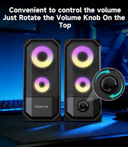Computer Speakers for Desktop, Hi-Res Stereo Pair with Dual 5W Full-Range Drivers, 6 RGB Light Modes, USB Powered & 3.5mm AUX Input, Volume Knob, Mini Vertical Design for PC Gaming Monitor Laptop in Saudi Arabia