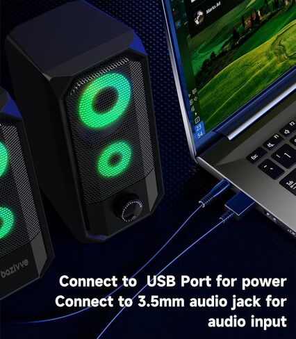 Computer Speakers for Desktop, Hi-Res Stereo Pair with Dual 5W Full-Range Drivers, 6 RGB Light Modes, USB Powered & 3.5mm AUX Input, Volume Knob, Mini Vertical Design for PC Gaming Monitor Laptop in Saudi Arabia