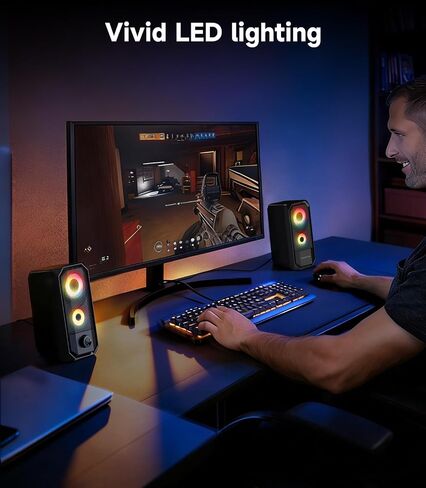 Computer Speakers for Desktop, Hi-Res Stereo Pair with Dual 5W Full-Range Drivers, 6 RGB Light Modes, USB Powered & 3.5mm AUX Input, Volume Knob, Mini Vertical Design for PC Gaming Monitor Laptop in Saudi Arabia