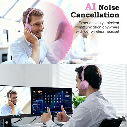 Bluetooth Wireless Headset with Mic for Work, Advanced Noise Reduction Microphone, Clear Calls - Comfortable On-Ear Headphones, Bluetooth 5.3, Applicable to Laptop, PC, Zoom, Office(Pink) in Saudi Arabia