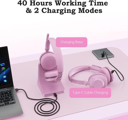 Bluetooth Wireless Headset with Mic for Work, Advanced Noise Reduction Microphone, Clear Calls - Comfortable On-Ear Headphones, Bluetooth 5.3, Applicable to Laptop, PC, Zoom, Office(Pink) in Saudi Arabia