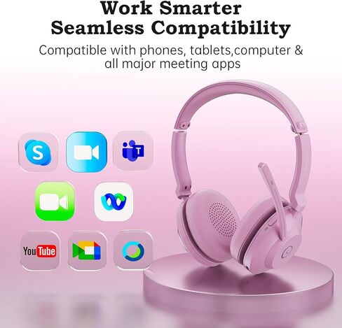 Bluetooth Wireless Headset with Mic for Work, Advanced Noise Reduction Microphone, Clear Calls - Comfortable On-Ear Headphones, Bluetooth 5.3, Applicable to Laptop, PC, Zoom, Office(Pink) in Saudi Arabia