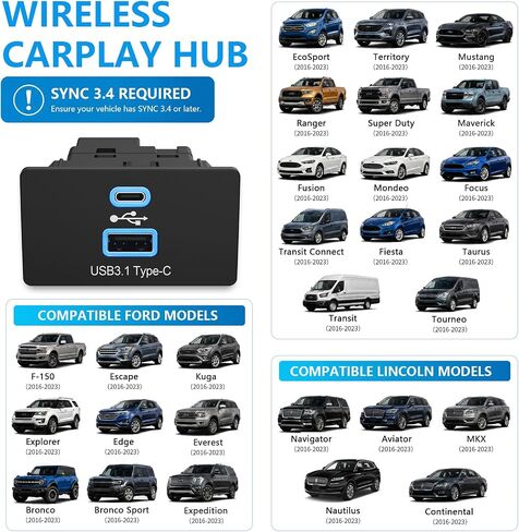 محور Carplay اللاسلكي CarPlay USB Media Hub لـ Ford F-150 2013-2023 USB Type-C Hub وحدة ترقية لـ Ford Lincoln SYNC 3 الإصدار 3.4 فقط لـ Apple CarPlay in Kuwait