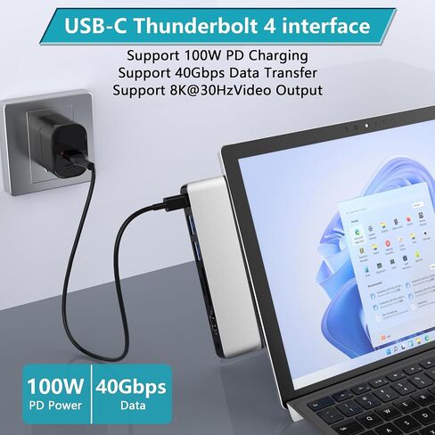 قاعدة تركيب Surface Pro مع 4K HDMI، USB-C Thunderbolt 4، 2 USB 3.0، قارئ بطاقة SD TF، منفذ صوت 3.5 مم، ملحقات لجهاز Surface Pro 11/10/9/X in Kuwait