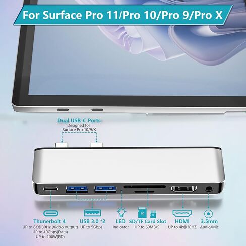 قاعدة تركيب Surface Pro مع 4K HDMI، USB-C Thunderbolt 4، 2 USB 3.0، قارئ بطاقة SD TF، منفذ صوت 3.5 مم، ملحقات لجهاز Surface Pro 11/10/9/X in Kuwait