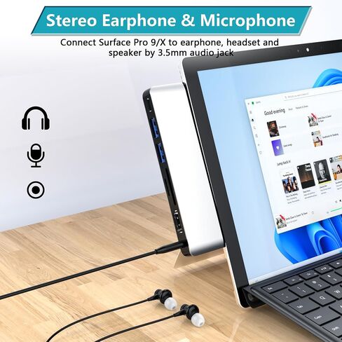 قاعدة تركيب Surface Pro مع 4K HDMI، USB-C Thunderbolt 4، 2 USB 3.0، قارئ بطاقة SD TF، منفذ صوت 3.5 مم، ملحقات لجهاز Surface Pro 11/10/9/X in Kuwait