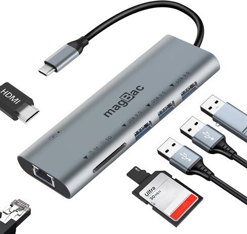 MagBac Laptop Docking Station 7-in-1 USB Hub with 4K@30Hz HDMI Display Port, 3 USB A 3.0 Data Ports, SD/TF Card Slot, Gigabit Ethernet for MacBook Pro/Air, HP, Dell, Lenovo, Surface, Windows Laptop in Saudi Arabia