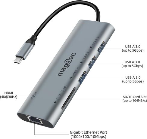 MagBac Laptop Docking Station 7-in-1 USB Hub with 4K@30Hz HDMI Display Port, 3 USB A 3.0 Data Ports, SD/TF Card Slot, Gigabit Ethernet for MacBook Pro/Air, HP, Dell, Lenovo, Surface, Windows Laptop in Saudi Arabia
