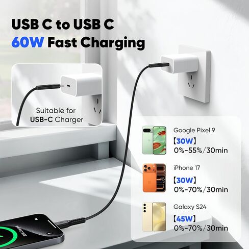 USB C to USB C Cable 2ft 2 Pack, Short 60W Fast Charging, Silicone Cord in Kuwait