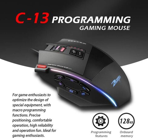 C-13 Wired Gaming Mouse 13 Programming Keys Adjustable 10000DPI RGB Light Belt 128KB On-Board Memory Built-in Counterweight Mechanism, Black in Saudi Arabia
