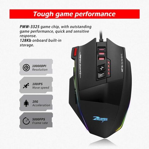 C-13 Wired Gaming Mouse 13 Programming Keys Adjustable 10000DPI RGB Light Belt 128KB On-Board Memory Built-in Counterweight Mechanism, Black in Saudi Arabia
