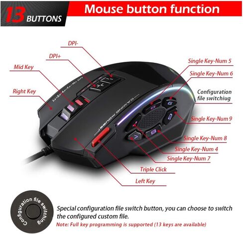 C-13 Wired Gaming Mouse 13 Programming Keys Adjustable 10000DPI RGB Light Belt 128KB On-Board Memory Built-in Counterweight Mechanism, Black in Saudi Arabia