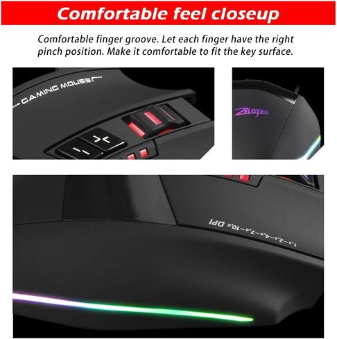 C-13 Wired Gaming Mouse 13 Programming Keys Adjustable 10000DPI RGB Light Belt 128KB On-Board Memory Built-in Counterweight Mechanism, Black in Saudi Arabia