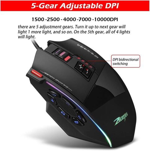 C-13 Wired Gaming Mouse 13 Programming Keys Adjustable 10000DPI RGB Light Belt 128KB On-Board Memory Built-in Counterweight Mechanism, Black in Saudi Arabia