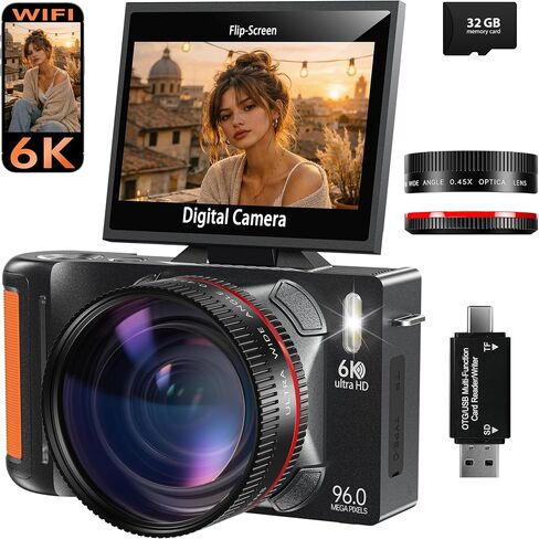 6K 96MP Flip Screen Digital Camera for Photography, WiFi, Dual Lens in Kuwait