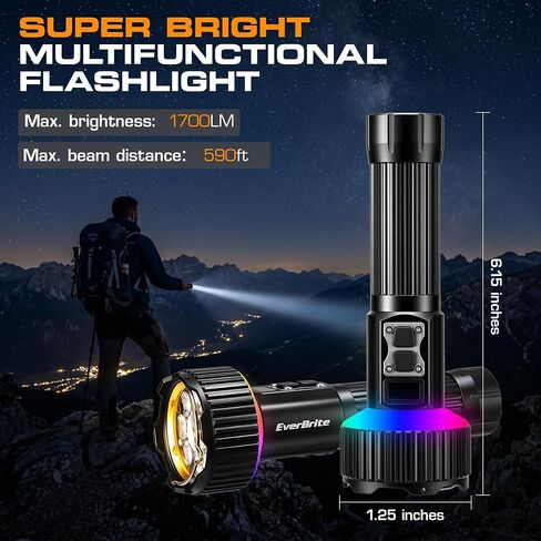 EverBrite 1700LM Rechargeable Flashlight with Spotlight, Floodlight & RGB in Kuwait