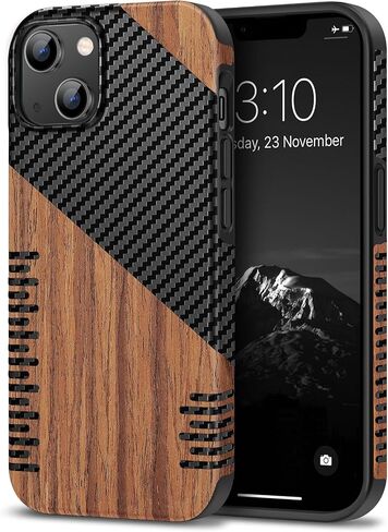 TENDLIN Compatible with iPhone 14 Case Wood Grain with Carbon Fiber Texture Design Leather Hybrid Slim Case Black in Saudi Arabia