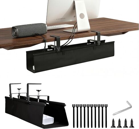 36" Under Desk Cable Management Tray - No Drill Oxford Cloth Cord Organizer with Clamp & Screw Mount - Large Capacity Fabric Cable Holder for Home Office, Gaming Desk & Standing Desk (Black) in Saudi Arabia