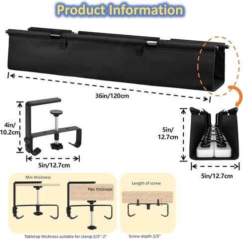 36" Under Desk Cable Management Tray - No Drill Oxford Cloth Cord Organizer with Clamp & Screw Mount - Large Capacity Fabric Cable Holder for Home Office, Gaming Desk & Standing Desk (Black) in Saudi Arabia