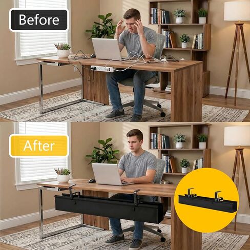 36" Under Desk Cable Management Tray - No Drill Oxford Cloth Cord Organizer with Clamp & Screw Mount - Large Capacity Fabric Cable Holder for Home Office, Gaming Desk & Standing Desk (Black) in Saudi Arabia
