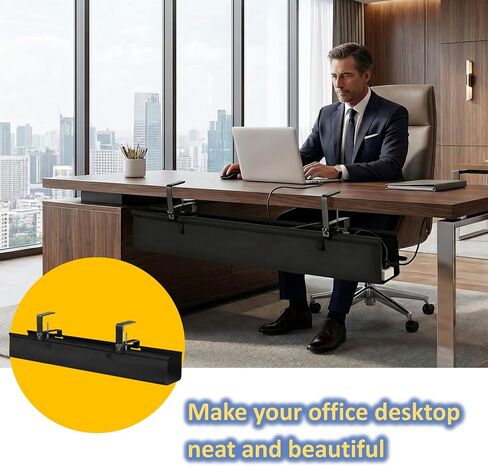 36" Under Desk Cable Management Tray - No Drill Oxford Cloth Cord Organizer with Clamp & Screw Mount - Large Capacity Fabric Cable Holder for Home Office, Gaming Desk & Standing Desk (Black) in Saudi Arabia