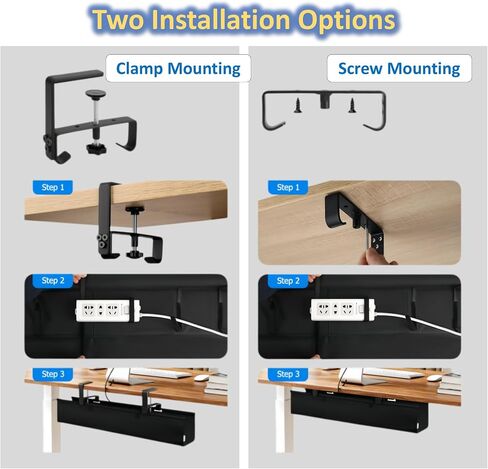 36" Under Desk Cable Management Tray - No Drill Oxford Cloth Cord Organizer with Clamp & Screw Mount - Large Capacity Fabric Cable Holder for Home Office, Gaming Desk & Standing Desk (Black) in Saudi Arabia