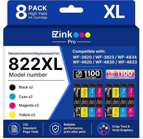Remanufactured Replacement for 822XL for Epson WF-3820 Printer Ink Cartridge | Compatible for Epson 822XL Ink Cartridges for Workforce Pro WF-3820 WF-3823 WF-4830 WF-4833 WF-4820 Printer (8 Pack) in Kuwait